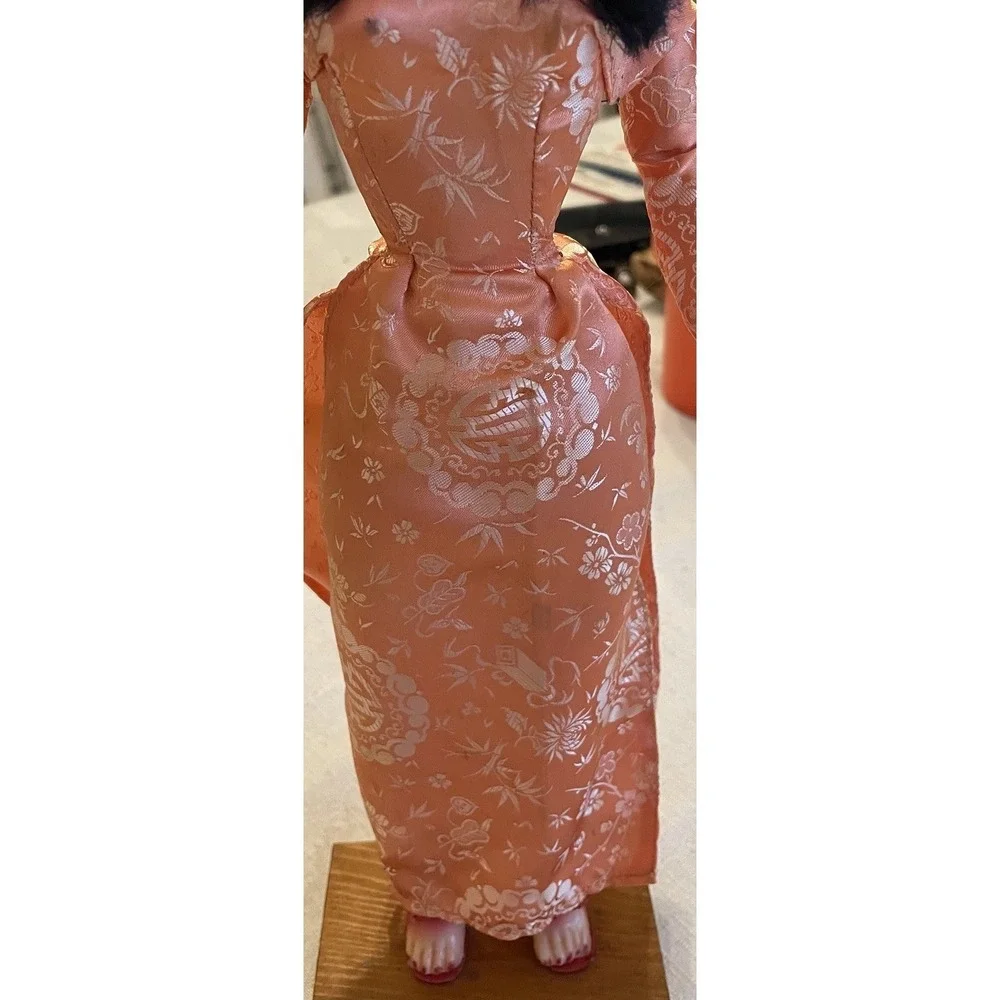 Vintage 1960's Vietnamese Doll Ao Dai Conical Hat Wood Stand‎ Asian Folk Art